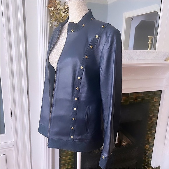 ST JOHN SPORT Navy Blue Lambs Leather & Denim Trim Zip Up Leather Jacket Size L - Picture 4 of 14